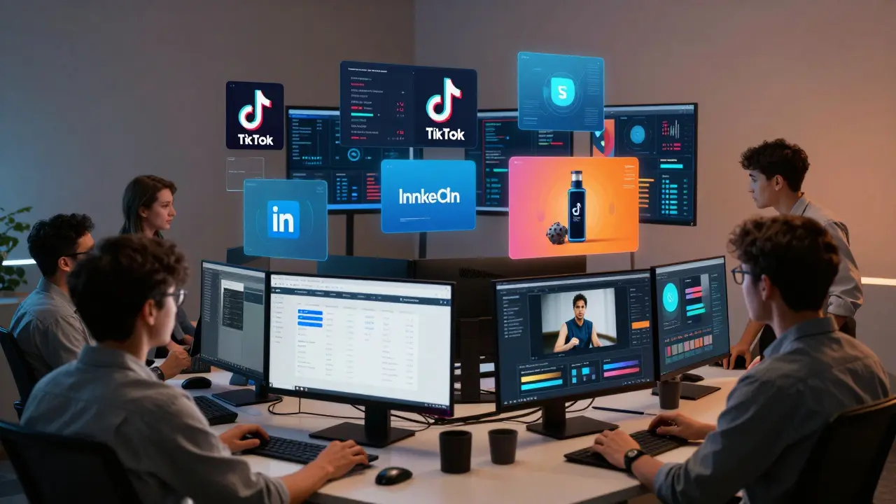 Team in San Francisco arbeitet an mehreren Social-Media-Kampagnen mit Datenanalysen und Video-Produktion.