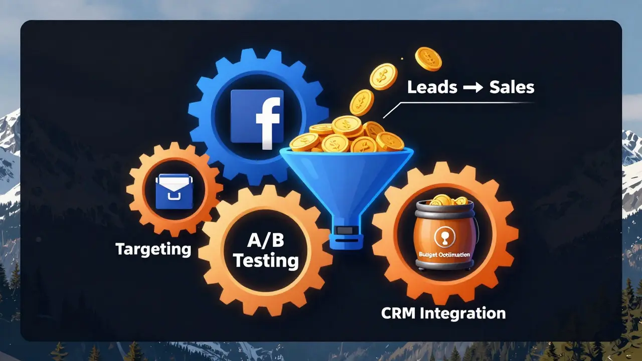 Abstrakte Darstellung eines Facebook-Werbesystems mit Targeting, Tests und Budget-Optimierung.