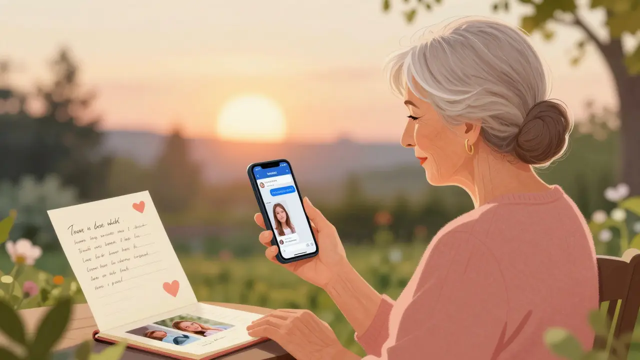 Ältere Frau in Österreich, Facebook-Nachricht von Enkelkind lesend, Garten im Hintergrund.