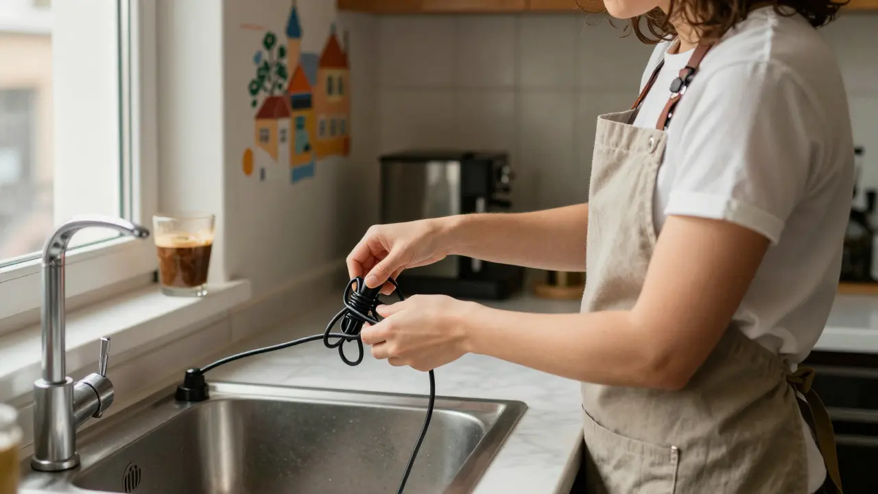 Barista in Graz ordnet Kabel mit einem magnetischen Halter an der Spüle.