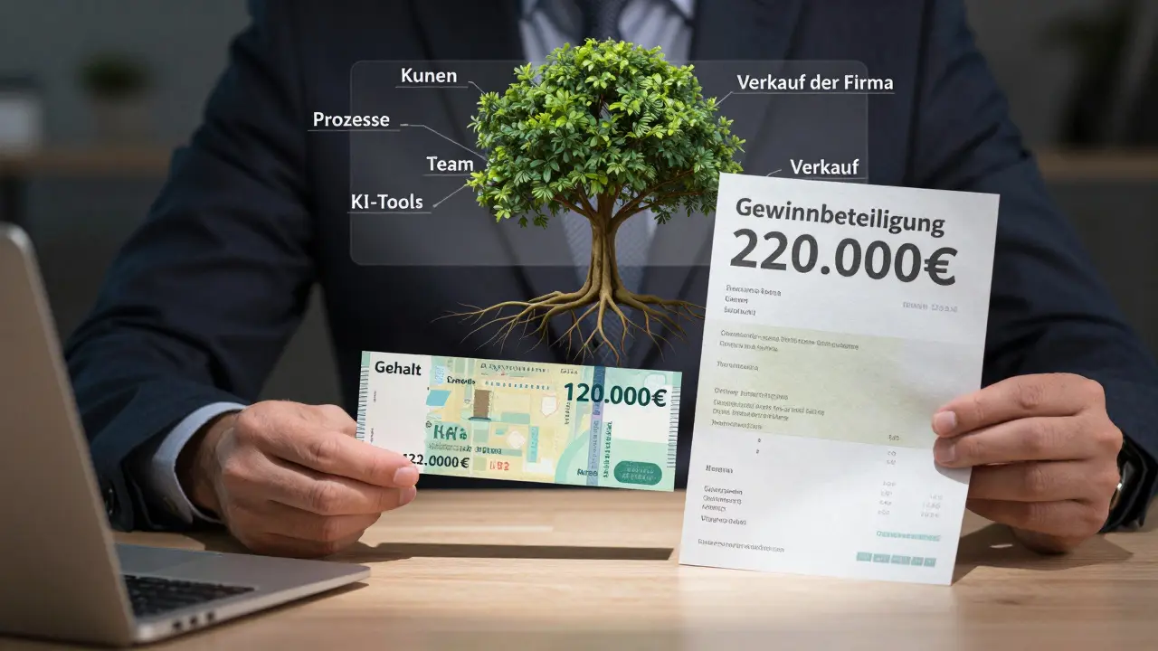 CEO mit zwei Finanzdokumenten, die Gehalt und Gewinnbeteiligung zeigen, dahinter ein wachsender Unternehmensbaum.