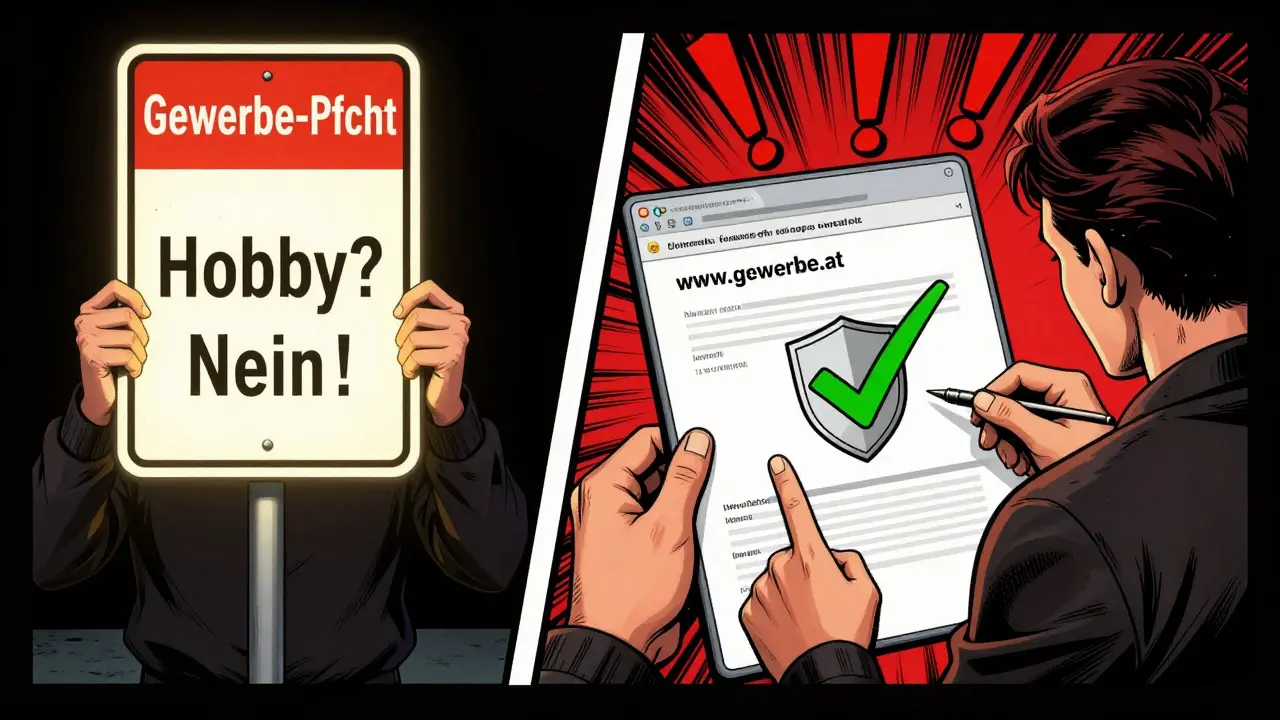 Comic-Stil: Influencer, der eine rechtliche Warnung ignoriert, während er online ein Gewerbe anmeldet.