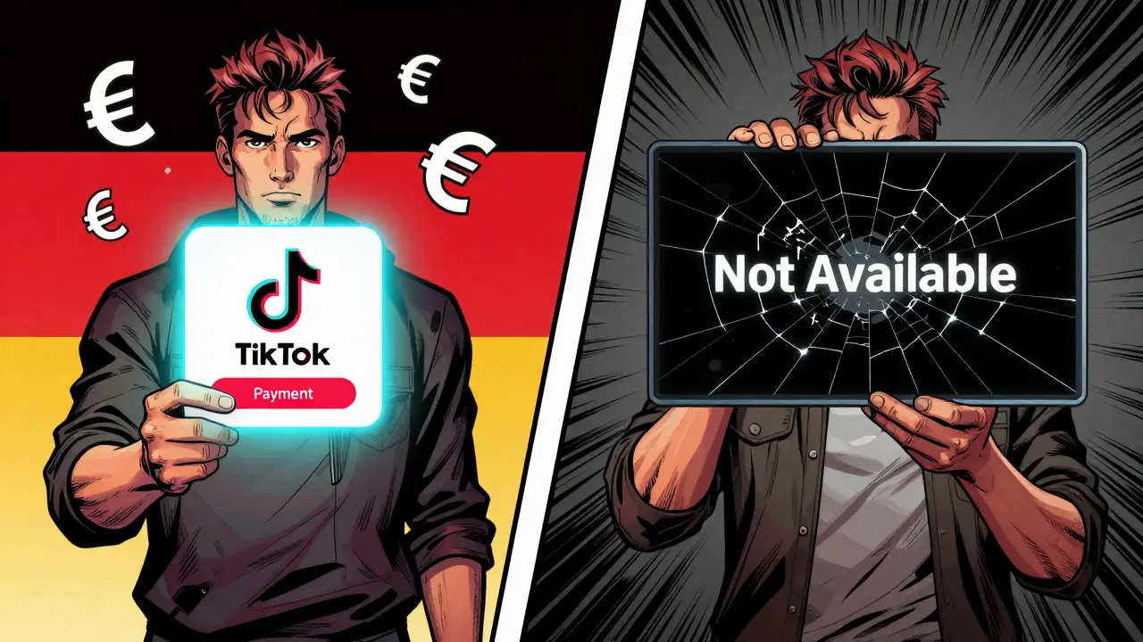 Comic-style contrast: creator in Germany gets paid, creator in Austria sees 'Not Available' on same video.