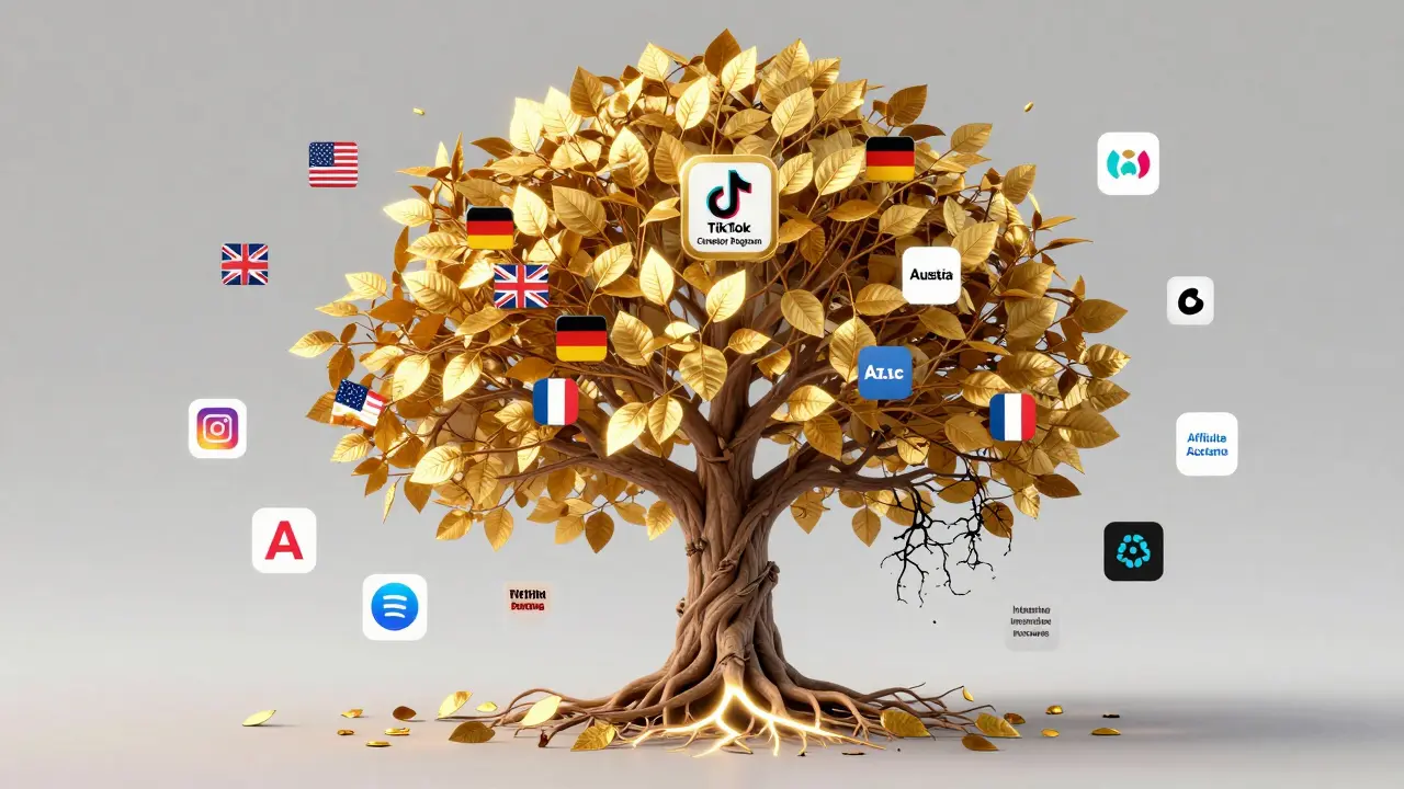 Digital tree with glowing payment leaves only in supported countries, Austria's branch bare and crumbling.