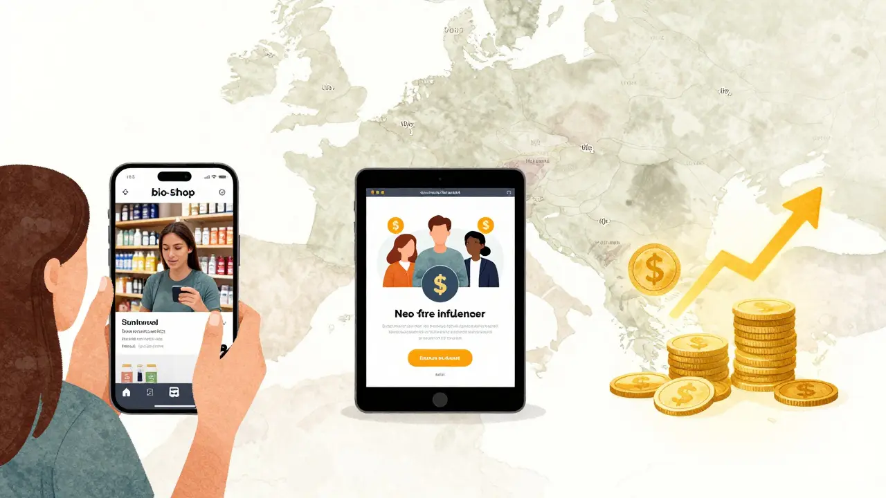 Drei Einkommensquellen eines österreichischen Micro-Influencers: gesponserte Posts, digitale Produkte und Affiliate-Marketing.