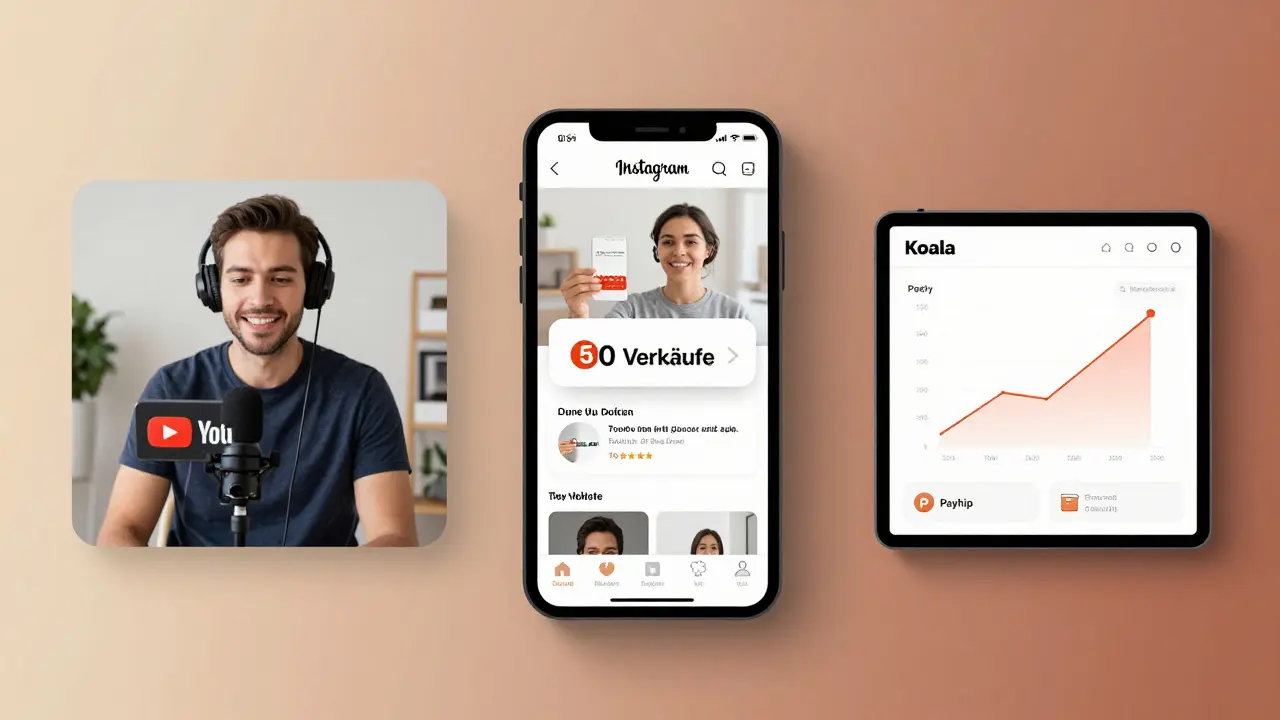 Drei Szenen: Ein Blogger filmt ein YouTube-Video, eine Smartphone-Anzeige mit Verkaufsnachricht und ein Dashboard mit steigenden Umsätzen für digitale Produkte.