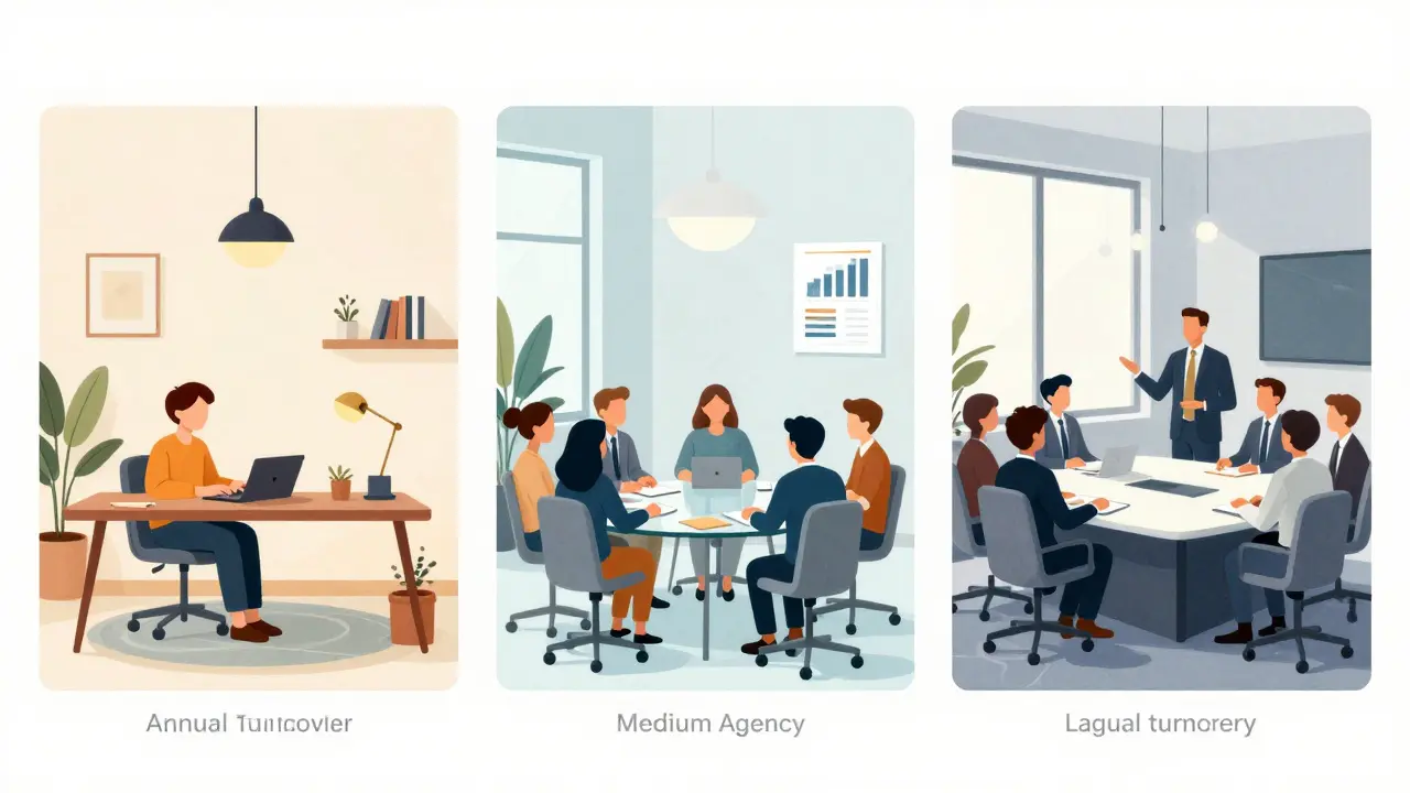 Drei verschiedene Büroszenen, die die Größenklassen von Werbeagenturen in Österreich darstellen: klein, mittel, groß.