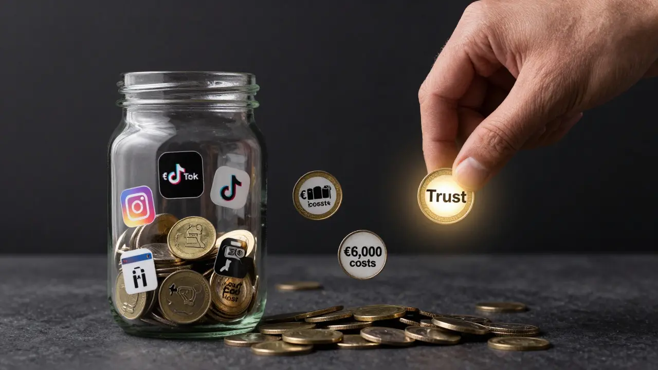 Durchsichtiger Glasbehälter mit Einkommensquellen, daneben fallende Kosten — ein einziger leuchtender Coin mit 'Vertrauen' wird herausgezogen.