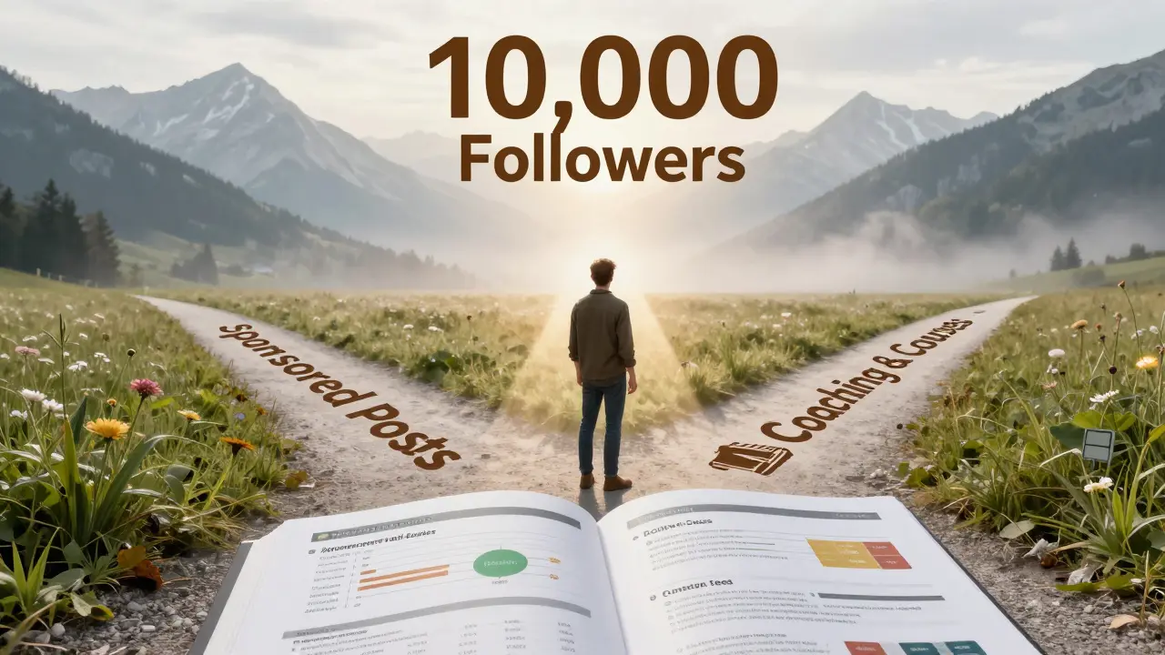 Ein Influencer an einer Kreuzung mit drei Wegen: gesponserte Posts, digitale Produkte und Kurse – Symbol für langfristigen Erfolg.