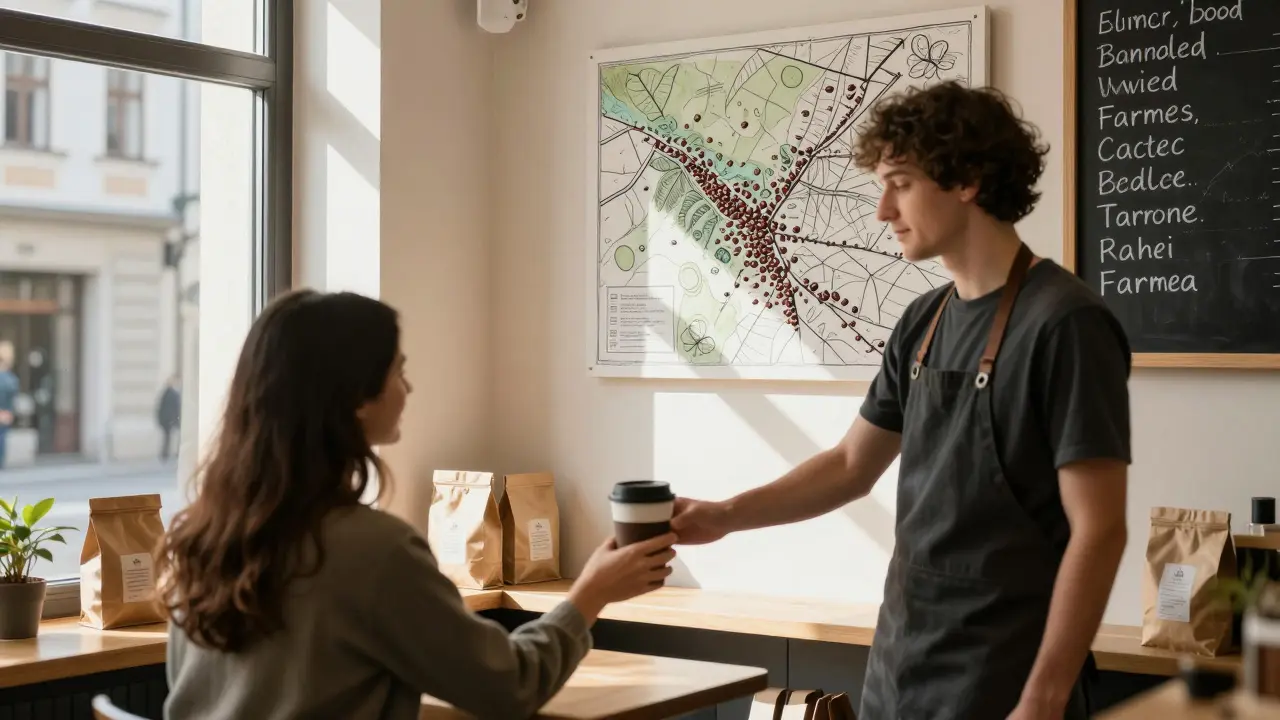 Ein Kaffeebarista in einem kleinen österreichischen Laden reicht einem Kunden einen Kaffee in wiederverwendbarer Tasse.