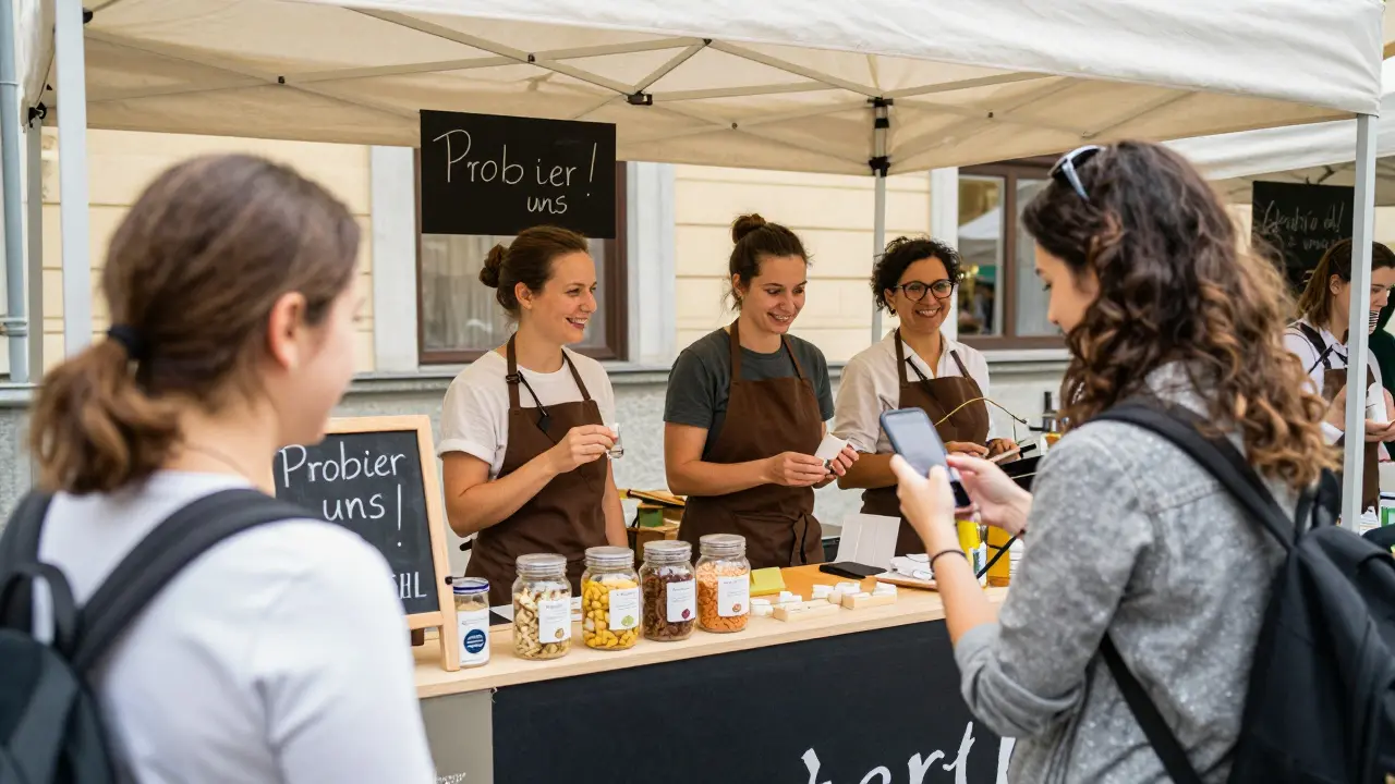 Ein kleines Pop-up-Event in Graz mit Mitarbeitern, die Produkte probieren lassen, während eine lokale Influencerin einen echten Test aufzeichnet.