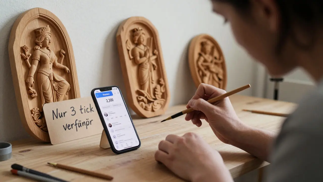 Ein Künstler in Salzburg malt Holzschnitzereien, während Bestellungen über Facebook eingehen – nur 2.300 Follower, aber hohe Verkaufszahlen.