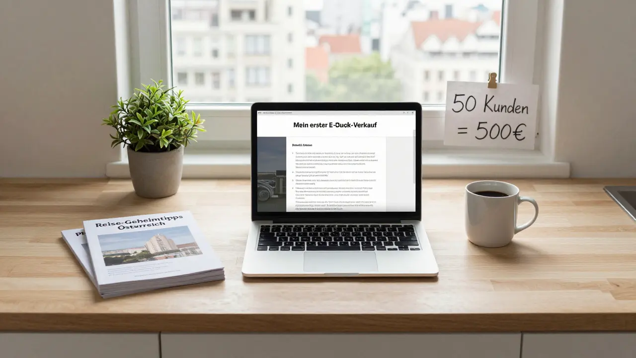 Ein minimalistischer Küchentresen mit einem E-Book-Entwurf, gedruckten PDFs und einer handschriftlichen Notiz über 50 Verkäufe.