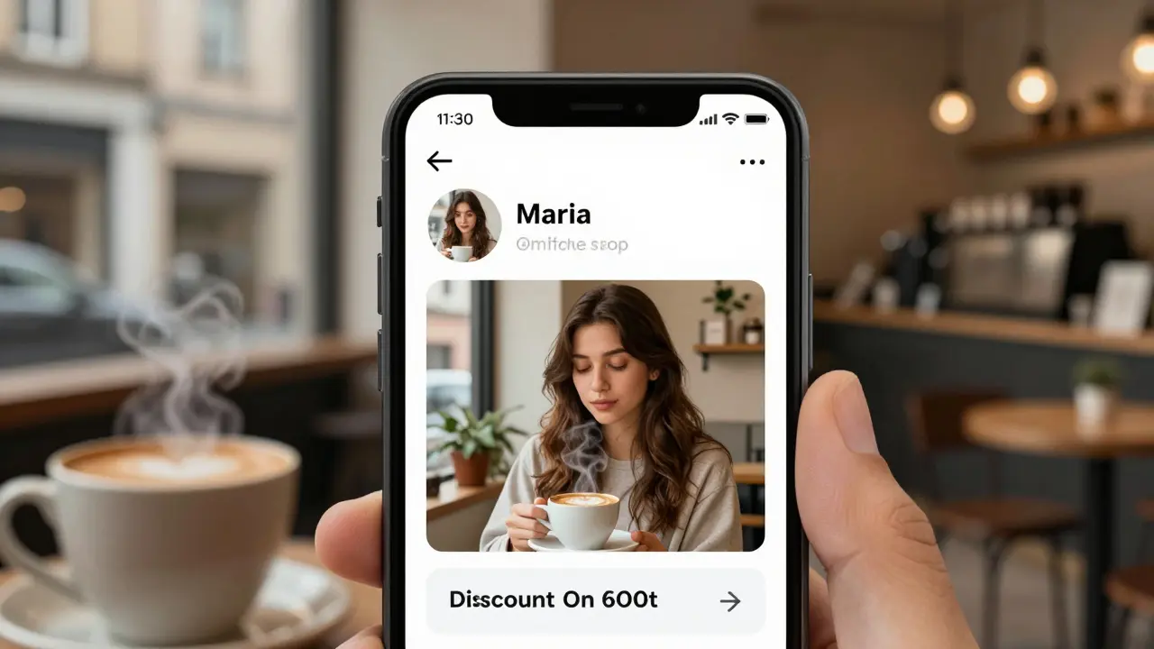 Ein personalisierter Instagram-Werbebanner für eine Kaffeebar in Graz, mit dem Namen 'Maria' und einem Rabattcode.