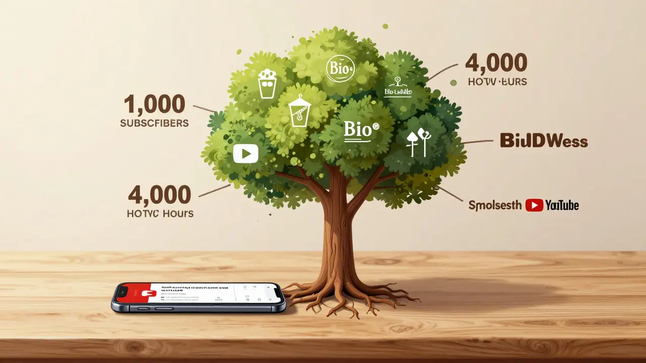 Ein Smartphone verwandelt sich symbolisch in einen Baum mit Ästen, die Abonnenten, Watch-Stunden und lokale Sponsoren darstellen — eine Metapher für nachhaltigen YouTube-Erfolg in Österreich.