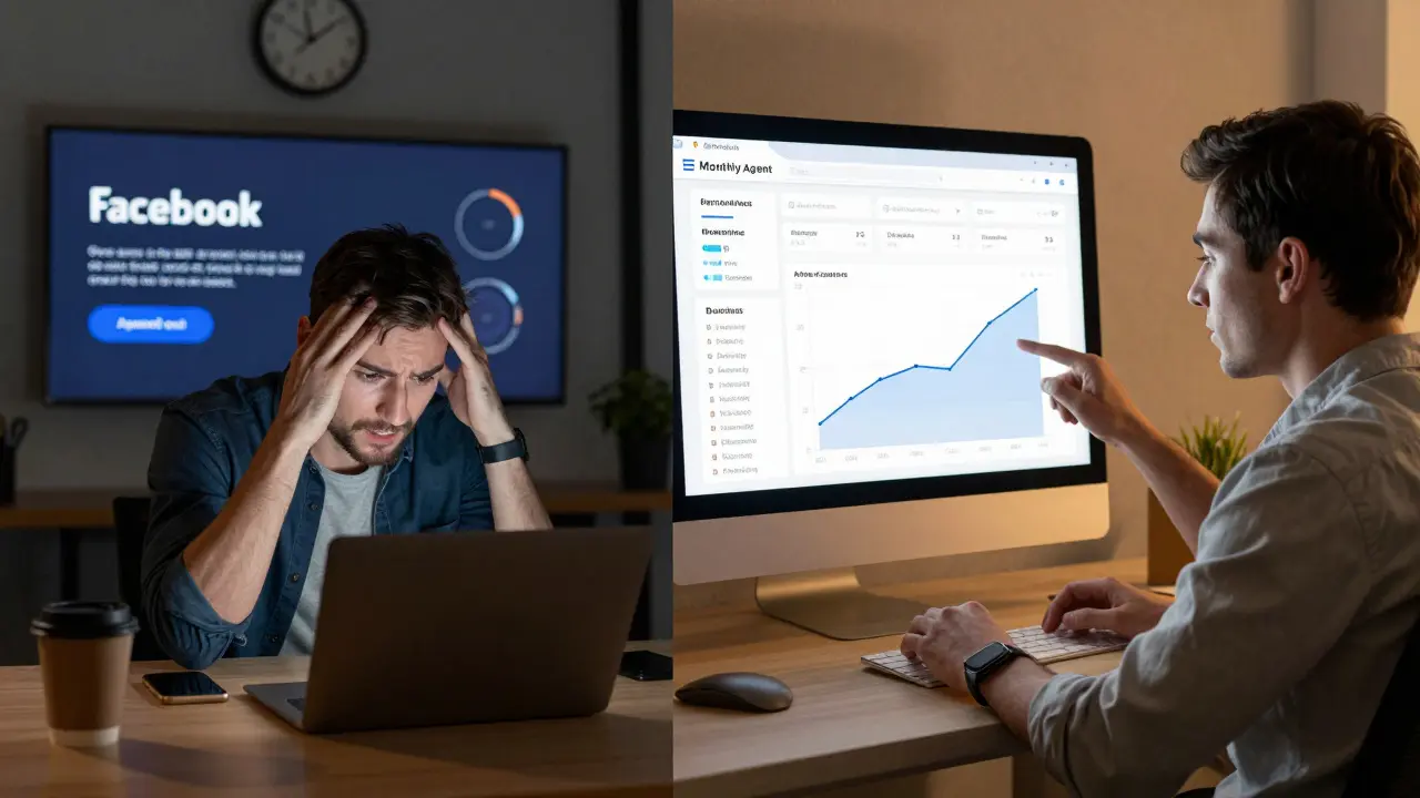 Ein Unternehmer vergleicht erfolglose Werbung mit einer optimierten Kampagne durch eine Agentur.