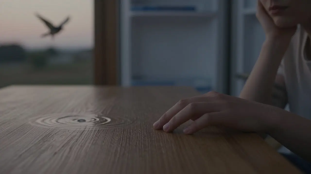 Eine Hand berührt eine Holzplatte, während sanfte Klangwellen die Umgebung umgeben.