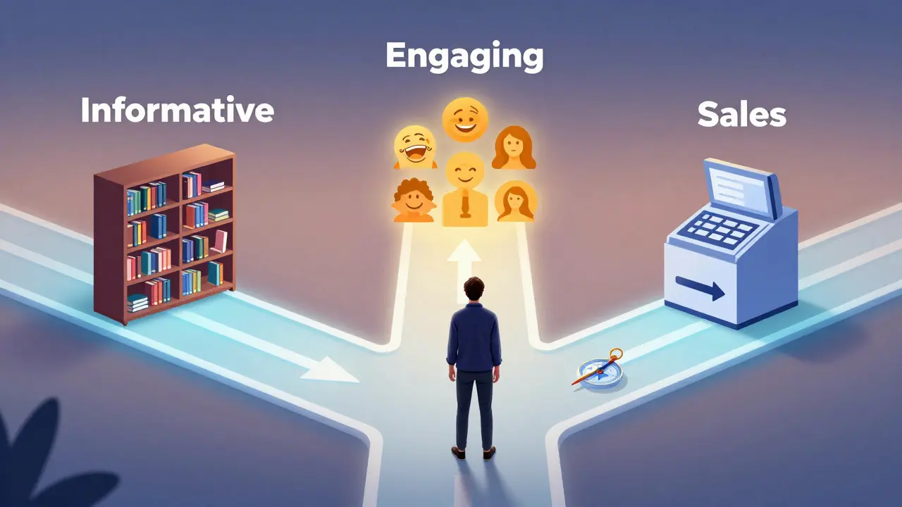 Eine Person an einer Kreuzung mit drei Wegen für informative, unterhaltsame und werbliche Social-Media-Inhalte.