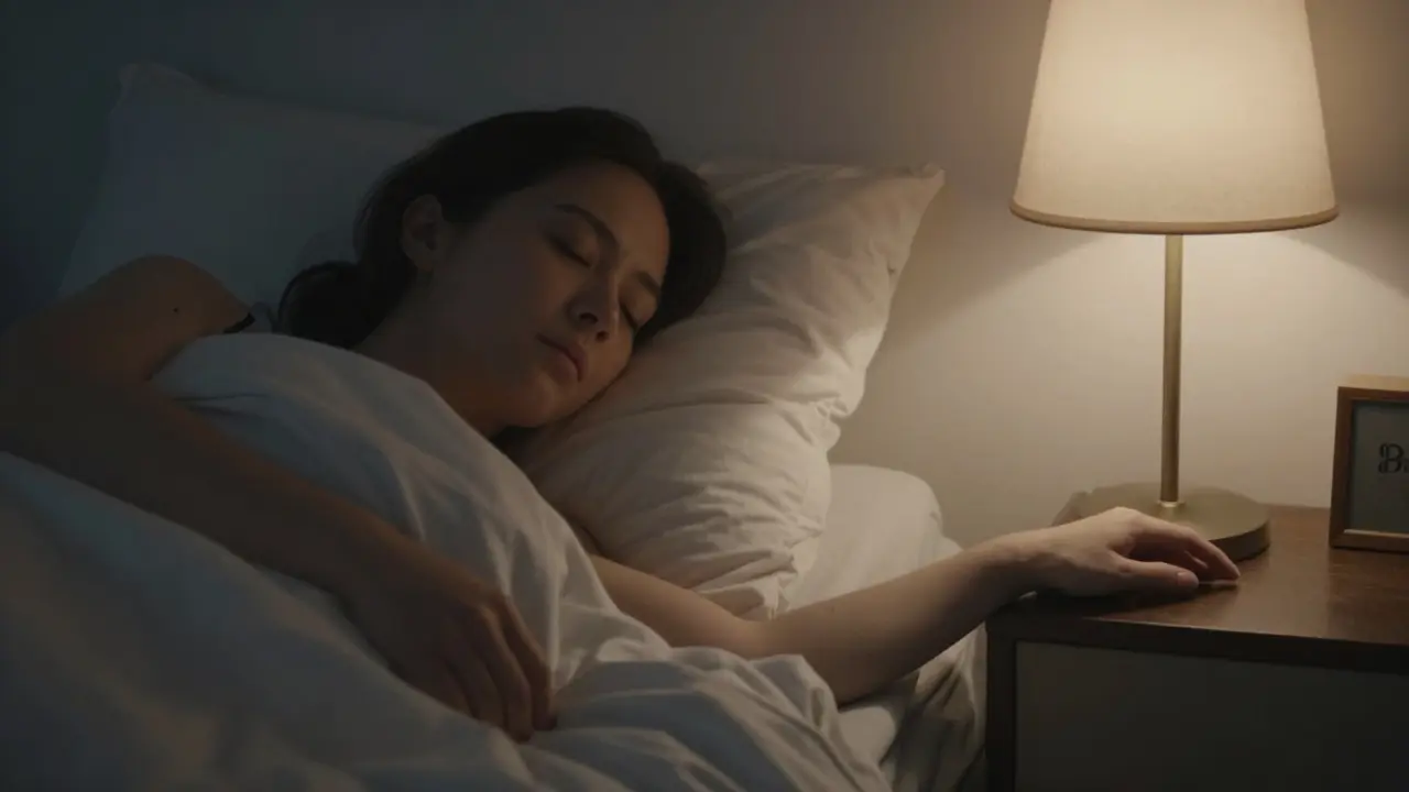 Eine Person liegt im Bett und spürt die Textur der Decke und eine Lampe in der Dunkelheit.