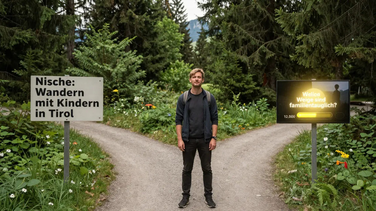 Eine Person steht an einem Wegweiser: einer Seite mit überfüllten Trend-Videos, der andere mit einer ruhigen Wanderstrecke und dem Hinweis 'Wandern mit Kindern in Tirol' — 12.000 Abonnenten.