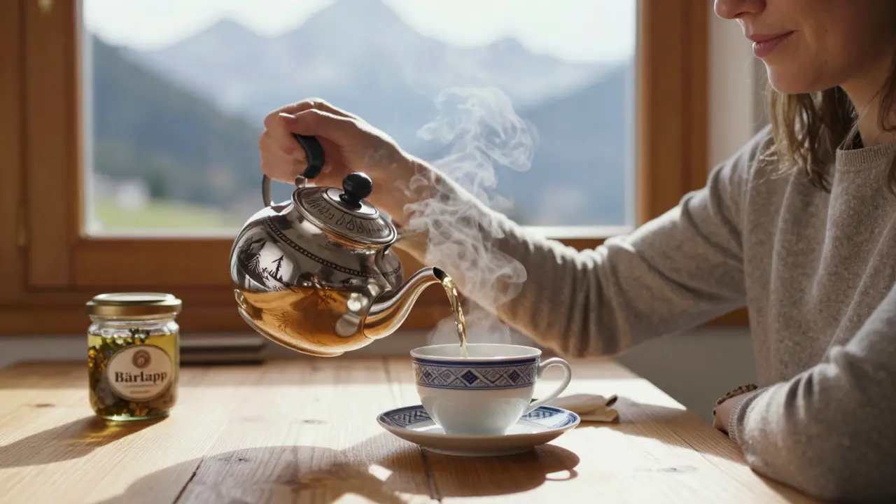 Frau in Salzburg gießt Tee aus einer traditionell verzierten Edelstahl-Kanne.