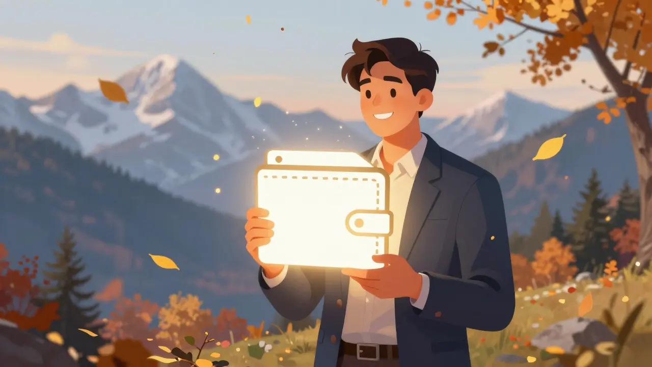 Glücklicher Content-Creator feiert Erfolg mit abstrakten Geldsymbolen.