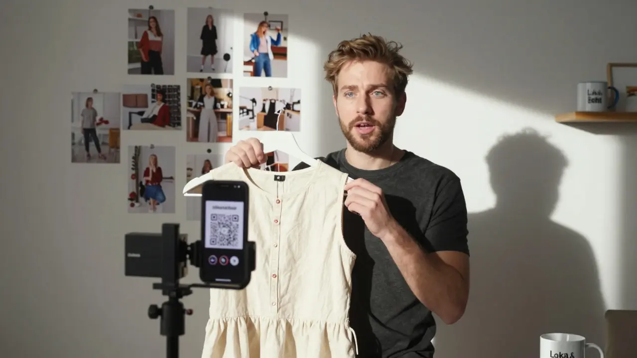 Julian Rieger präsentiert eine handgemachte Kleidung aus Graz, mit QR-Code und lokalen Designern auf der Wand, in warmem Tageslicht.