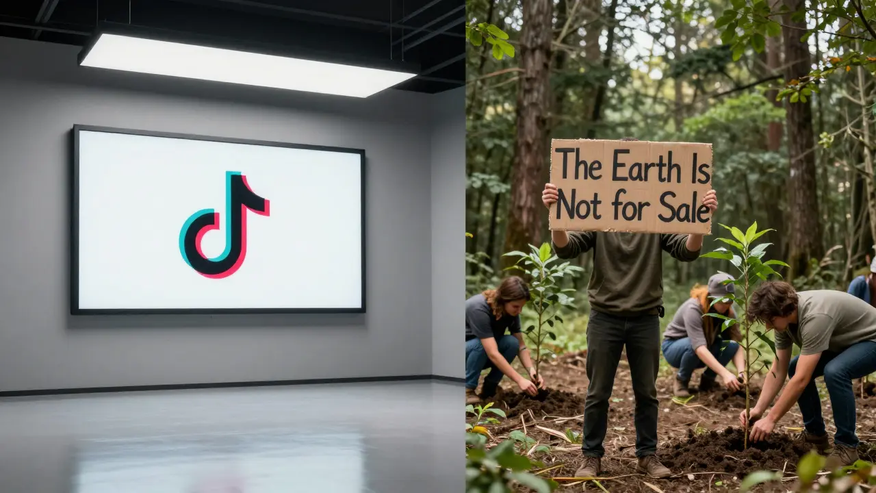 Kontrast: Künstliche TikTok-Werbung vs. echte Umweltaktivisten im Wald.