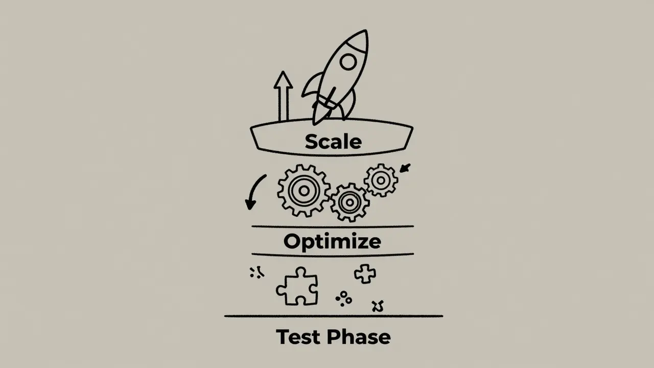 Konzeptuelle Darstellung der drei Phasen der Facebook-Werbung: Test, Optimierung und Skalierung als gestapelte Ebenen.