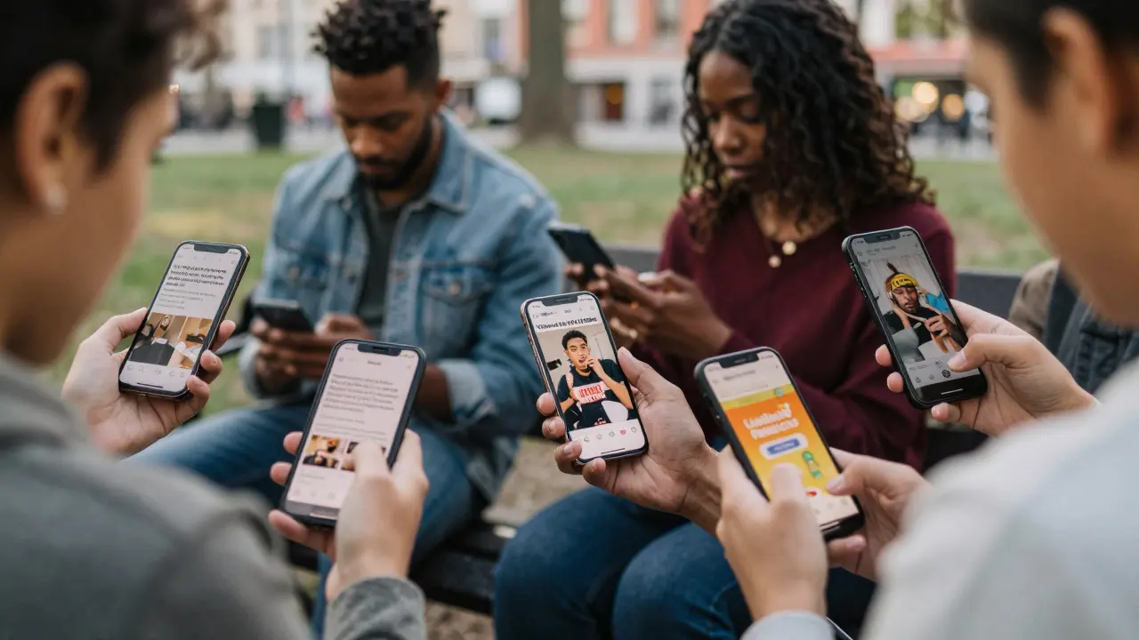 Menschen auf einer Bank, die auf Handys verschiedene Arten von Social-Media-Beiträgen sehen.