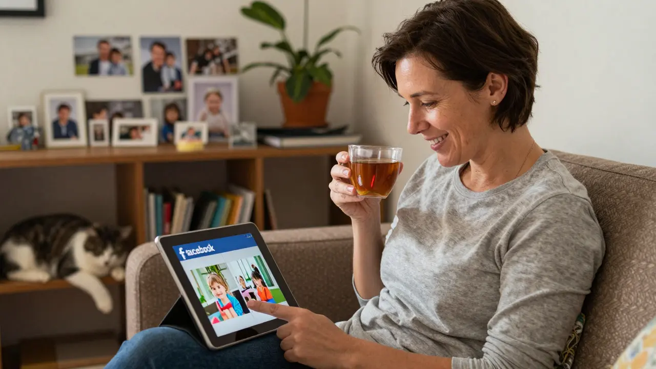 Mittlere Altersgruppe in Österreich, Facebook auf Tablet nutzend, Familienfotos im Hintergrund.