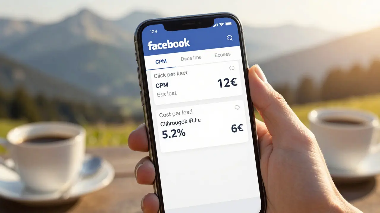 Smartphone-Anzeige mit Echtzeit-Metriken: CPM 12€, Klickraten 5,2%, Kosten pro Lead 6€ in österreichischem Kontext.