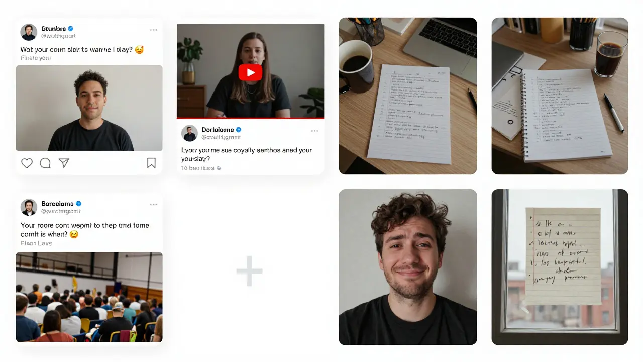 Soziale-Medien-Feed: fünf geteilte Inhalte, drei persönliche Posts, ein subtiler Verkaufsbeitrag.