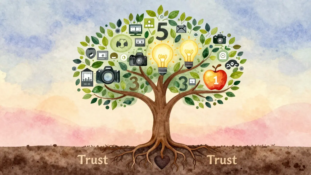 Symbolischer Baum mit drei Ästen: 5 Teilen, 3 Eigenes, 1 Verkauf, verwurzelt in Vertrauen.