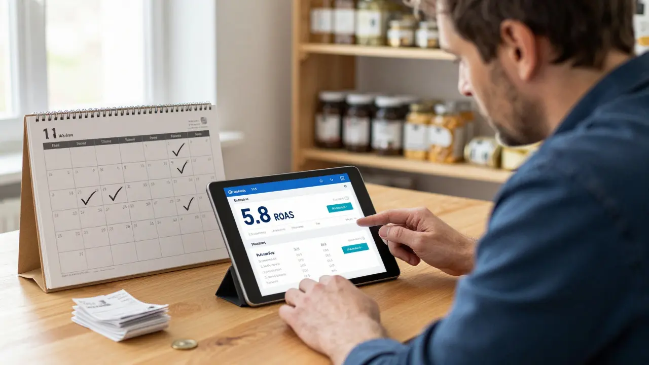 Unternehmer in Salzburg sieht Facebook-Analytics mit 5,8 ROAS, daneben einfacher Wochenplan für Posts und Werbung.