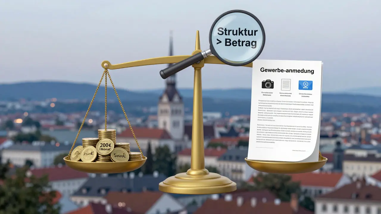 Waage mit Geld und Gewerbeanmeldung, Symbol für Struktur statt Einkommenshöhe.