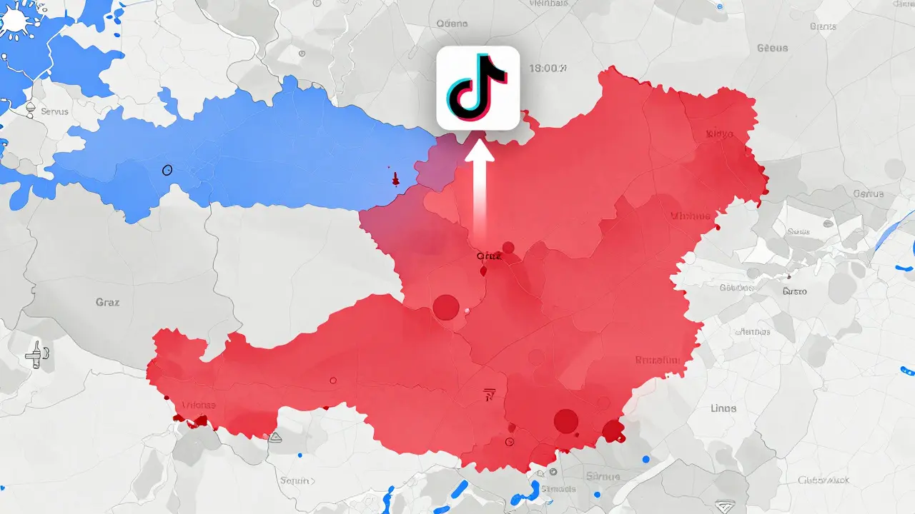 Wärmebild-Karte Österreichs mit roten Hotspots für höchste TikTok-Aktivität zwischen 18:30 und 20:00 Uhr.