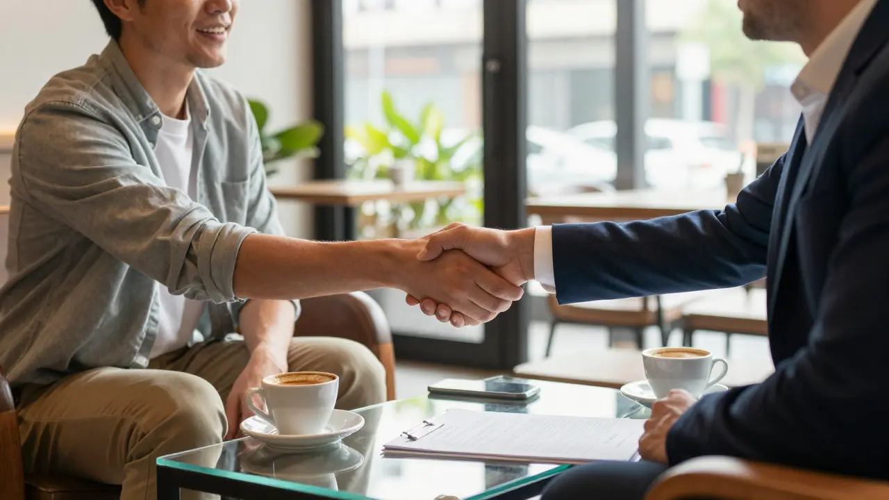Zwei Kollegen schütteln sich die Hände bei Vertragsabschluss