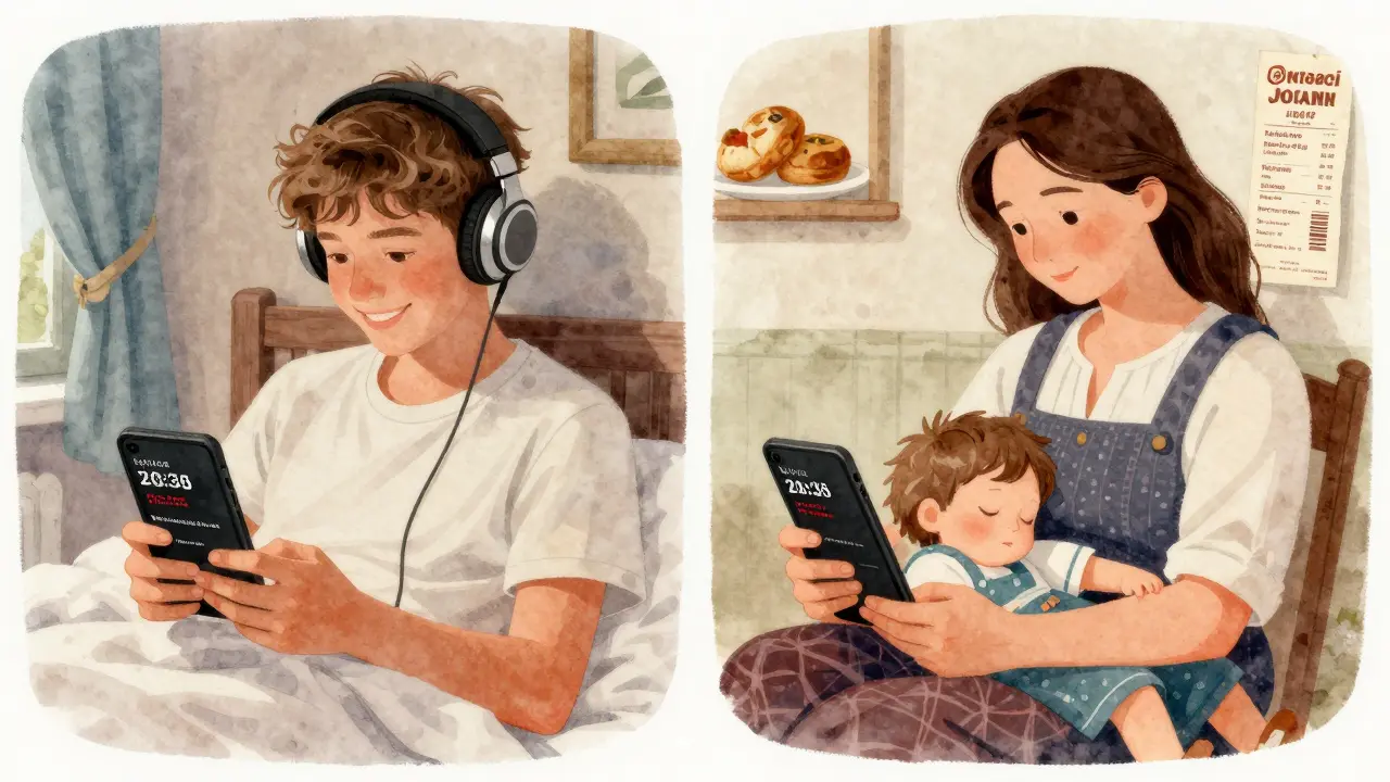 Zwei Szenen: ein Teenager in Salzburg und eine Mutter in Linz, beide schauen TikTok abends, mit regionalen Details.