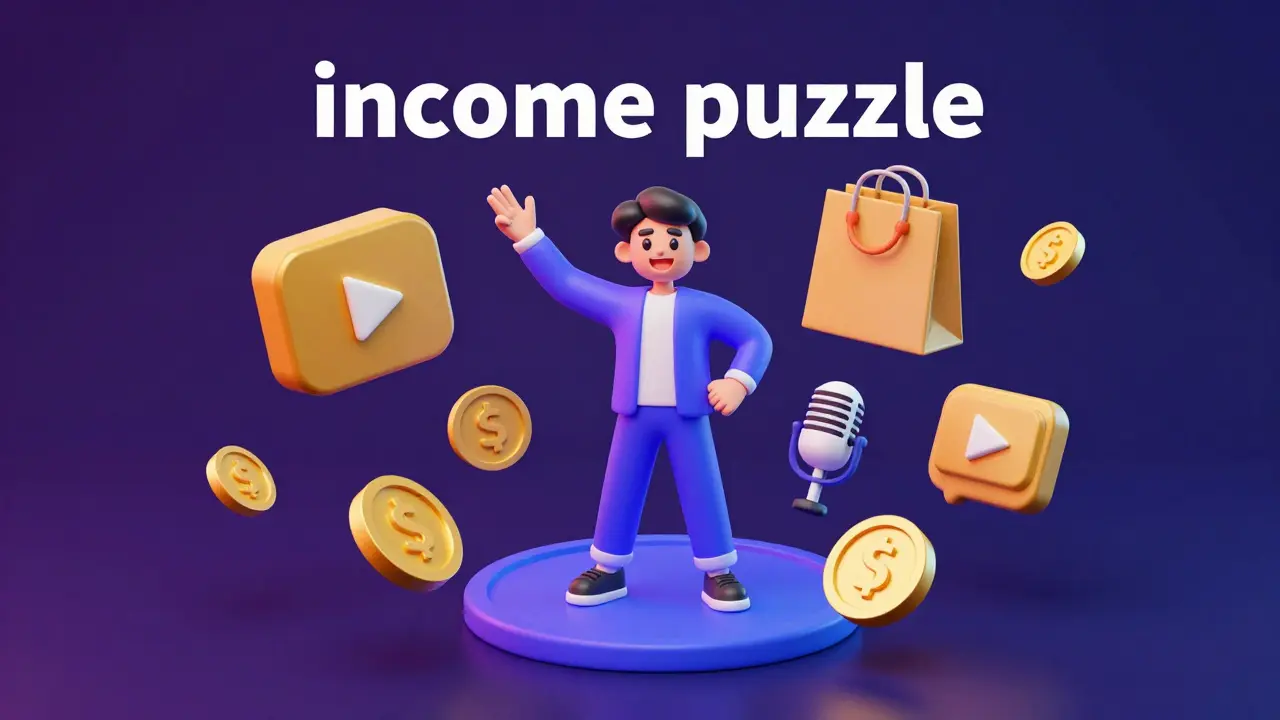 3D-Illustration verschiedener Einkommensquellen eines Influencers wie Merch und YouTube.