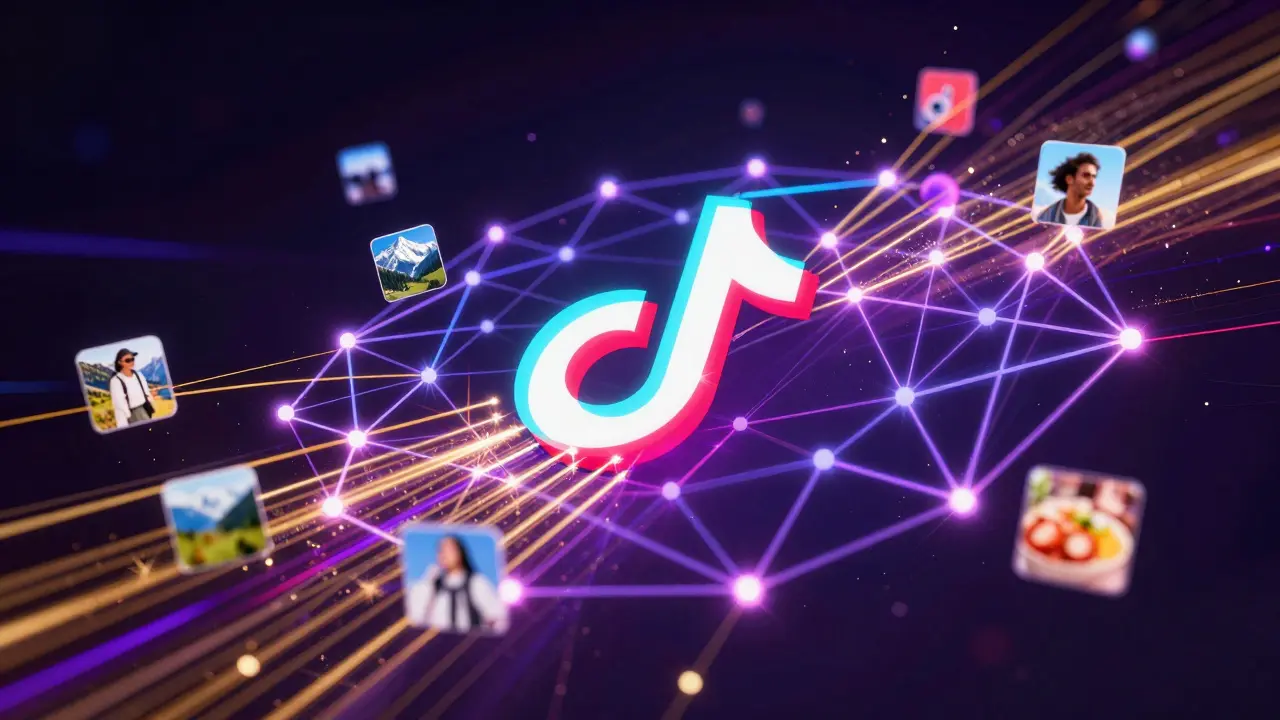 Abstrakte Darstellung eines digitalen Algorithmus mit neonfarbenen Datenströmen und Inhalten.