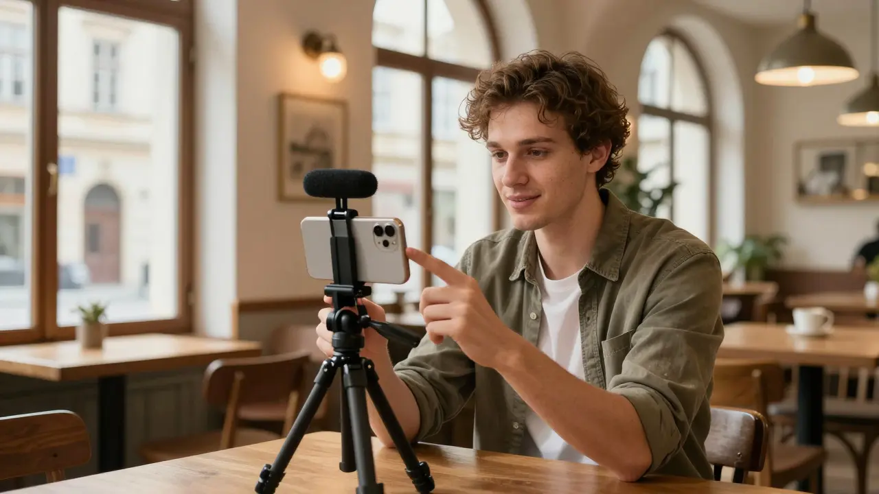 Ein Content Creator filmt mit einem Smartphone in einem traditionellen österreichischen Café.