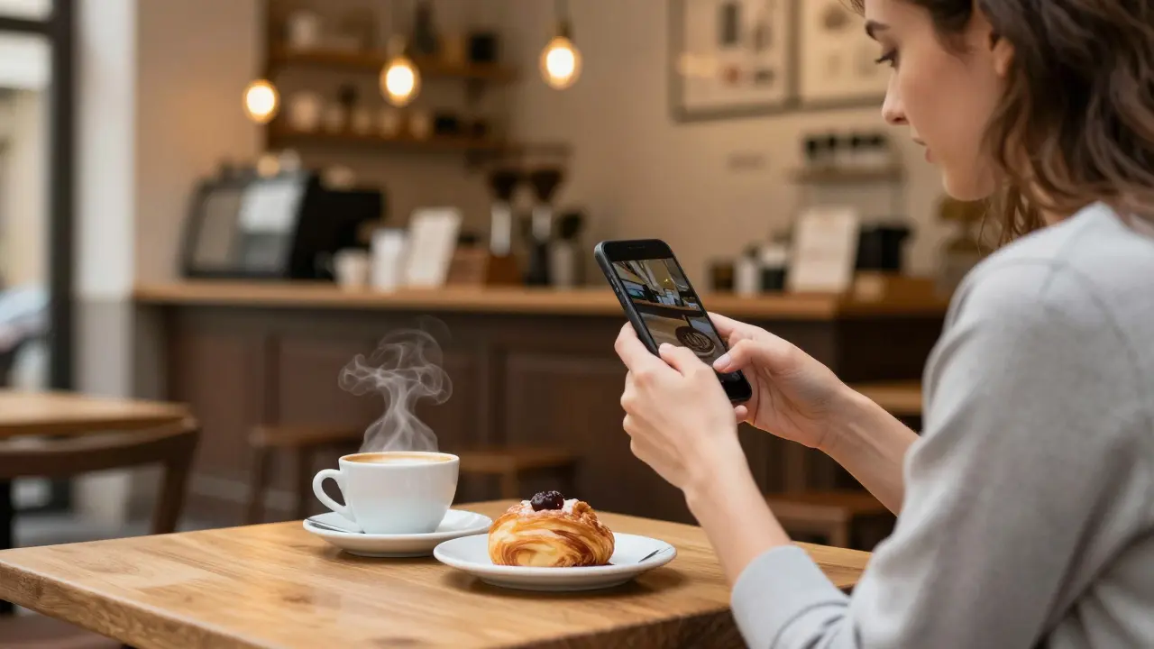 Ein Micro-Influencer filmt ein Frühstück in einem gemütlichen Salzburger Café.