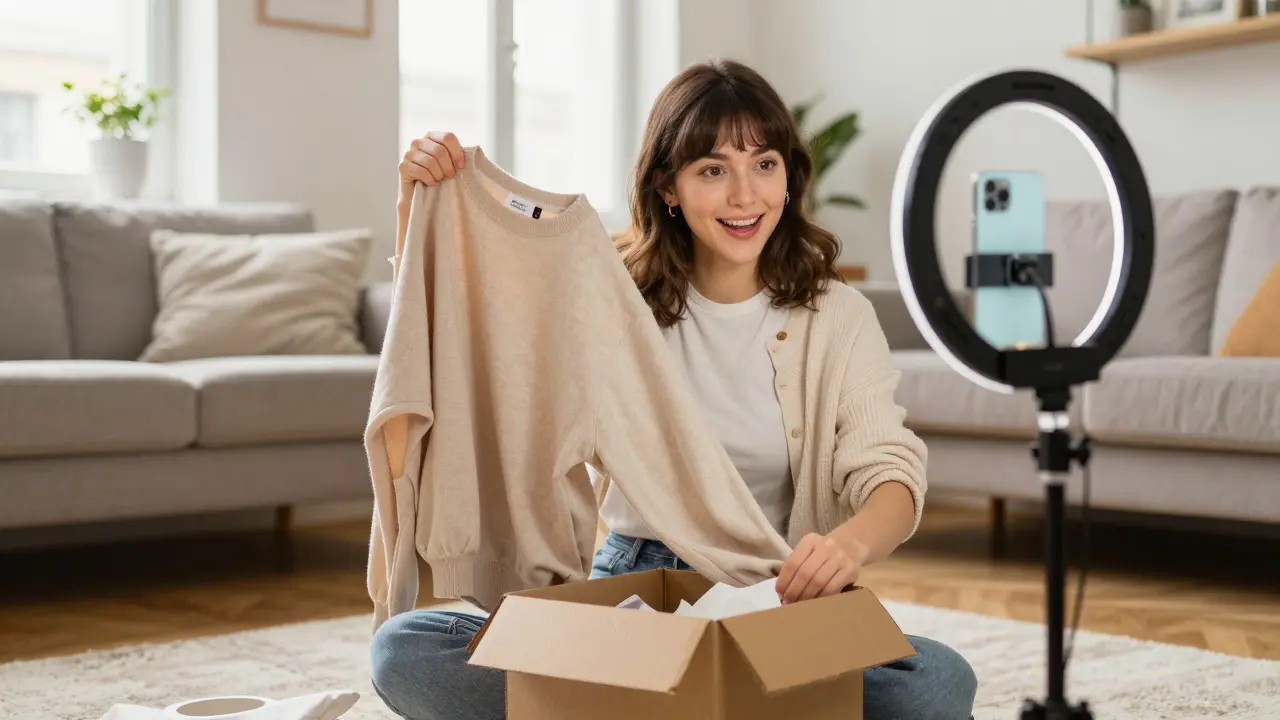 Eine junge Frau packt in ihrer Wohnung authentisch ein Paket mit nachhaltiger Mode aus.