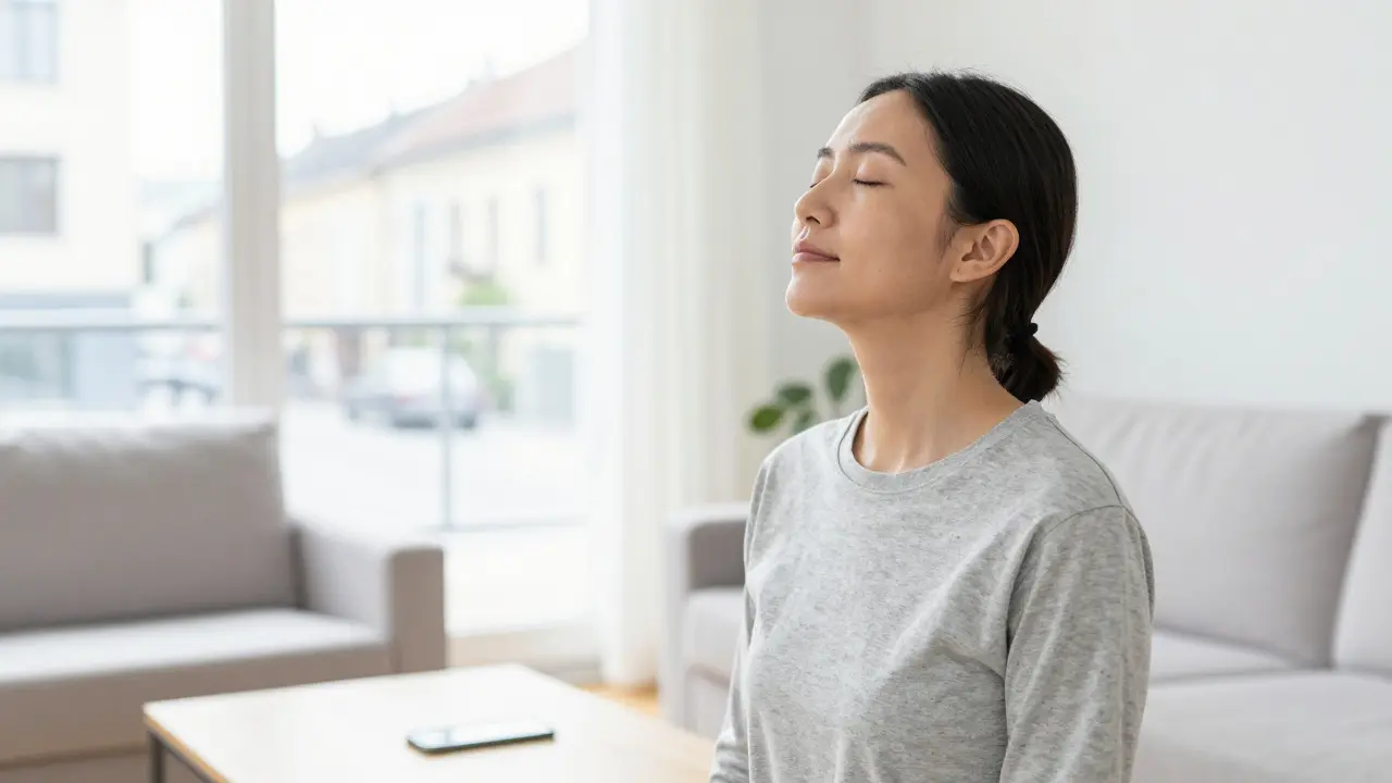 Eine Person atmet tief und entspannt in einem hellen, lichtdurchfluteten Raum ohne Smartphone.