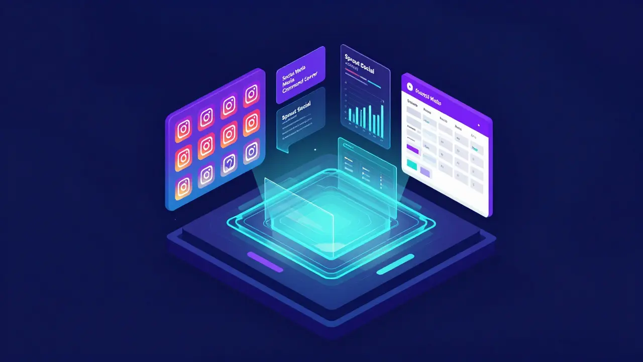 Futuristisches, isometrisches Dashboard für Social-Media-Management mit KI-Analysen.