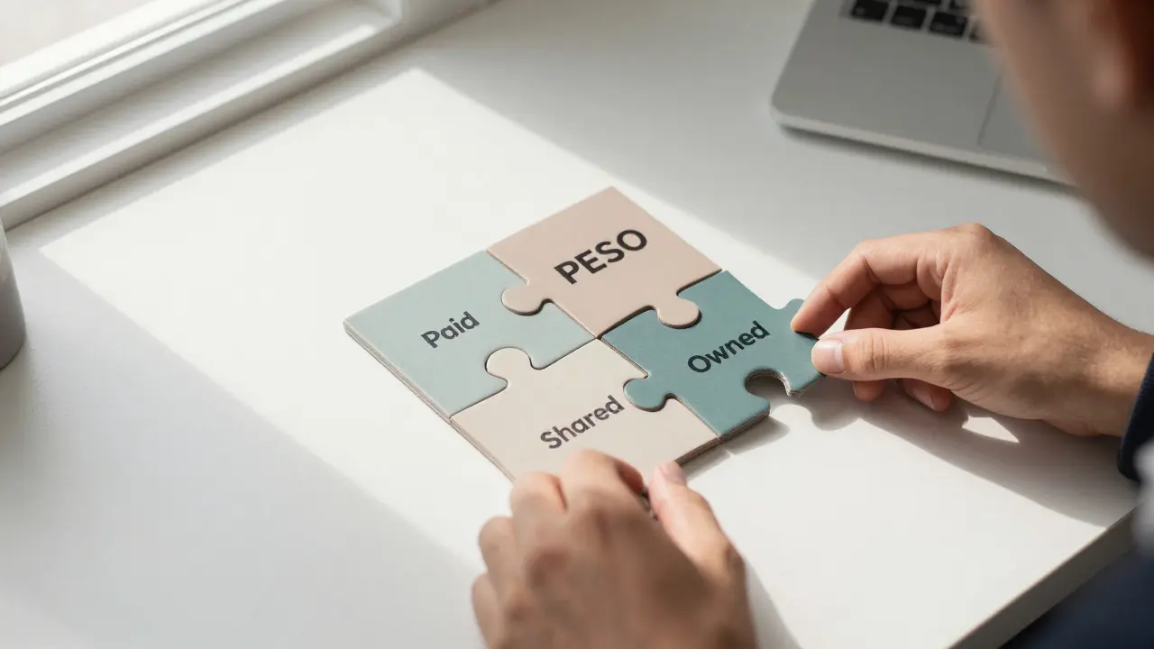 Hände, die ein vierteiliges Puzzle zusammensetzen, das die Synergie des PESO-Modells darstellt.