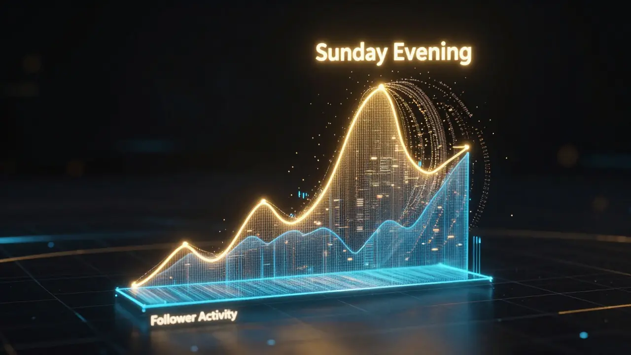 Holografische Analysegrafik mit einem goldenen Peak am Sonntagabend.