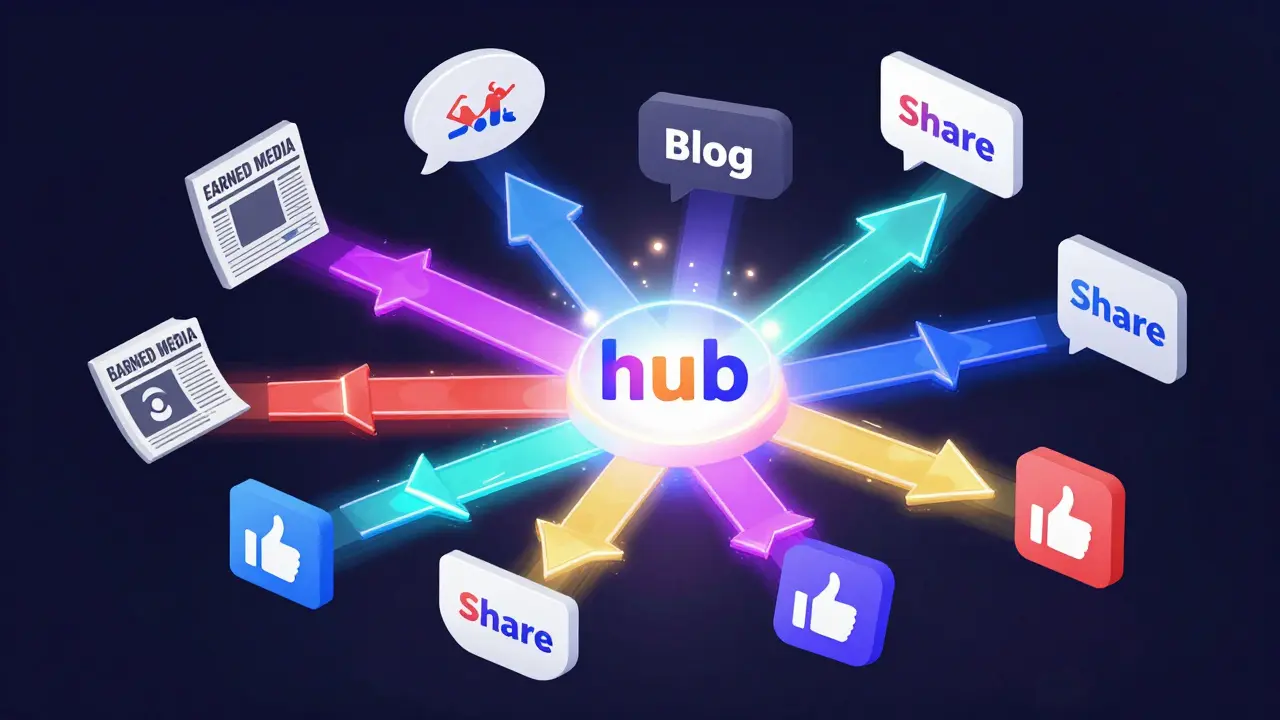 Isometrische Darstellung des Content-Flows von einer Website zu sozialen Medien und Presse.