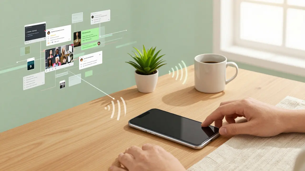 Konzeptionelle Darstellung des Übergangs von digitalem Stress zu einer ruhigen, physischen Umgebung.